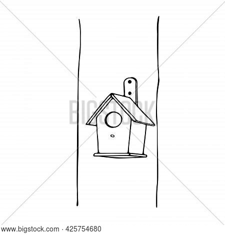 Black Hand Drawn Outline Vector Illustration Of A Birdhouse Or Squirrel House For Birds Or Squirrel 