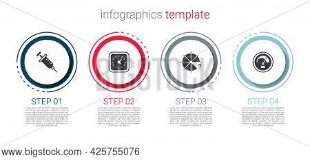 Set Syringe, Clock, Circle Of Pieces And Speedometer. Business Infographic Template. Vector