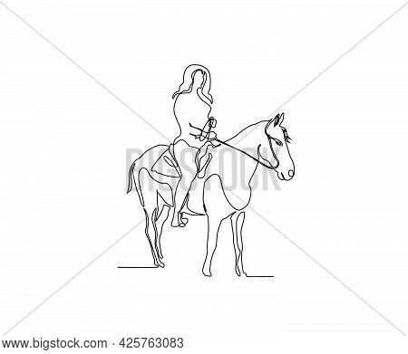 Continuous Line Art Drawing Of Woman Riding Horse. Minimalist Black Jockey Outline Design. Editable 