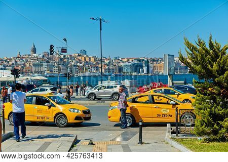 Yellow Taxi Car On A City Street In Istanbul. Istanbul, Turkey - 28.07.2017