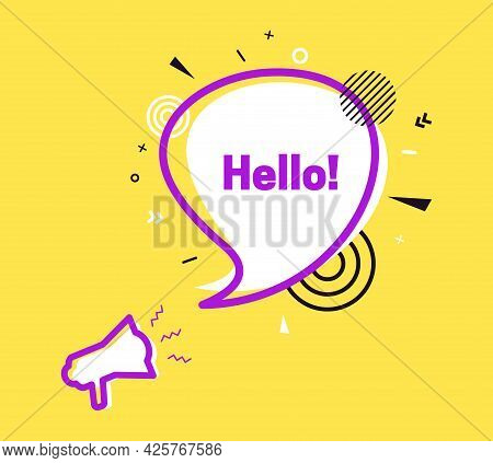 Hello Speech Bubble In Flat Style. Hi White Label With Loudspeaker. Pink Outline Megaphone On Yellow