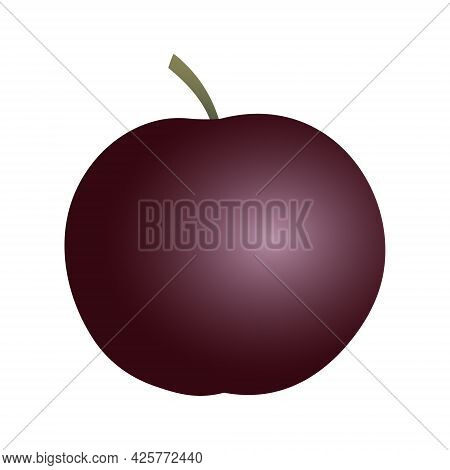 Isolated Round Flat Art Plum With A Stem In Purple And Ruby Color On White Background