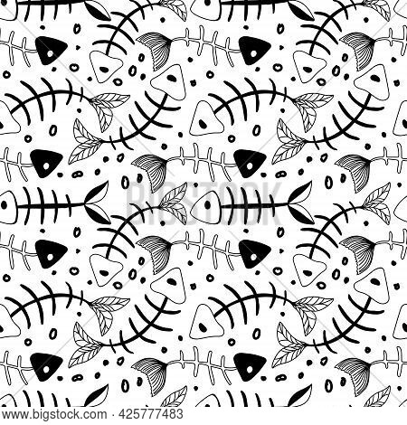 Seamless Pattern Of Black And White Elements. Fish Skeletons In Different Shapes. Vector In The Styl