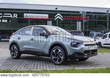 Ostrava, Czechia - August 16, 2020: Blue Citroe C4 Crossover Car In Front Of A Dealership Building P