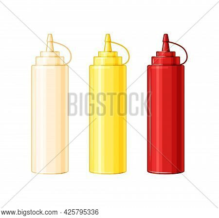 Plastic Bottles With Mayonnaise, Ketchup, Mustard. Sauces For Food On A White Isolated Background. V
