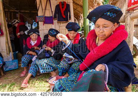 Unidentified Female Mien Hilltribe Embroider Pattern Colored Thread At Doi Mae Salong.