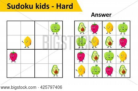 Sudoku Kids Game With Answers. Cute Fruit Characters In 4x4. Game For Small Children.