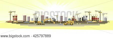 Construction Of New Microdistrict Of City. Sun. Modern Residential And Industrial Buildings. Crane. 