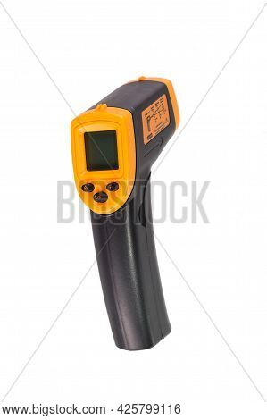Yellow-black Pyrometer Isolated On White Background. A Device For Non-contact Temperature Measuremen