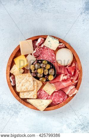 Charcuterie And Cheese Platter, Top Shot. Prosciutto Di Parma Ham, Blue Cheese, Salami And Olives, A