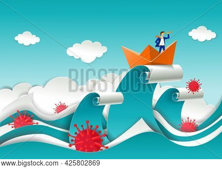 Businessman In Boat On The Top Of Ocean Wave, Vector Paper Cut Illustration. Corona Virus Pandemic B