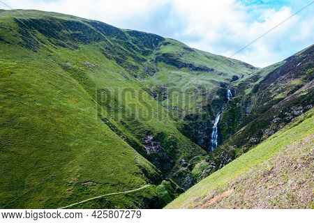 Aerial view of The Grey Mare's Tail, a waterfall near Moffat, Scotland