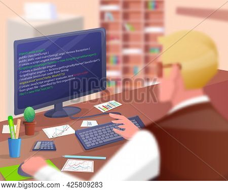 Office Worker Male Character Sitting At Table With Computer Programmer Writes Program Code. Business