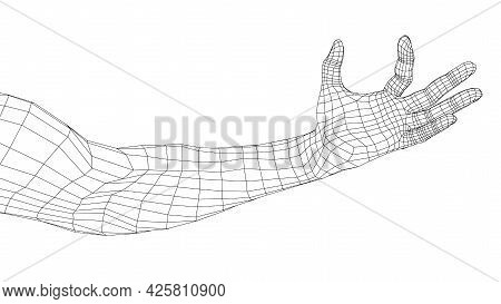 Hand Hold Some Tiny Or Thin Object. Vector Rendering Of 3d. Wire-frame Style. Hand Hold Somethin