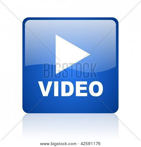 video mavi kare parlak web simgesi beyaz zemin üzerine