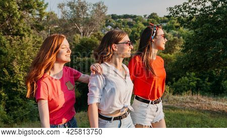 Gen Z, Friendship, Togetherness. Three Happy Girl Friends, Teenage Girls Enjoing Their Time Together