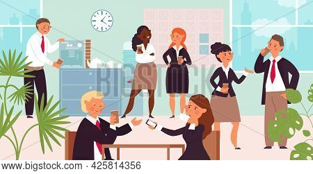 Business Coffee Break. Office Group Conversation, Managers Lunch Time. People Work And Drink Hot Bev