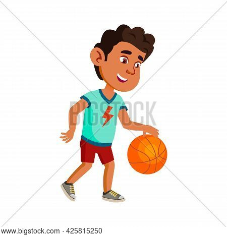 Boy Child Playing Basketball On Playground Vector. Happy Hispanic Kid Athlete Play Basketball Game W