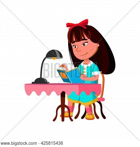 Girl Sitting At Table And Reading Book Vector. Asian Small Lady Child Read Education Book, Lighting 