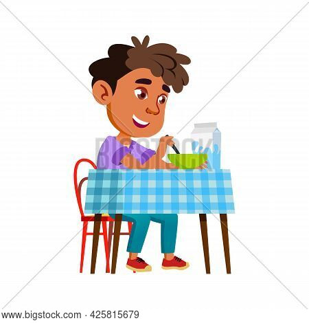 Boy Eating Healthy Morning Breakfast Food Vector. Happy Hispanic Preteen Child Eat Delicious Food Wi