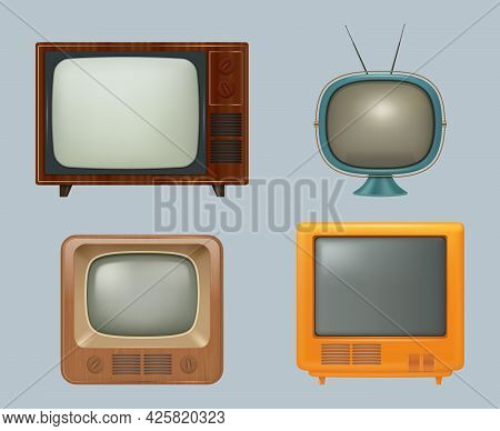 Retro Tv Collection. Realistic Electronic Household 80s Tv Set For Watching Entertainment Media News