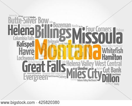 List Of Cities In Montana Usa State, Map Silhouette Word Cloud, Map Concept Background