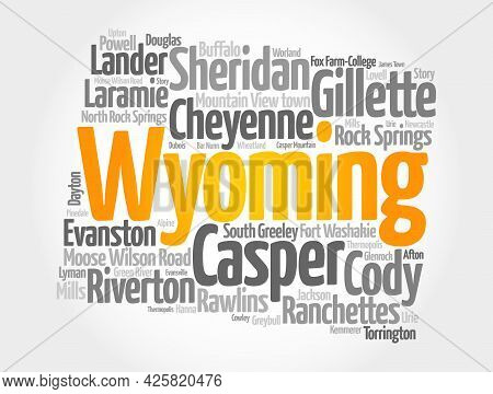 List Of Cities In Wyoming Usa State, Silhouette Map Word Cloud