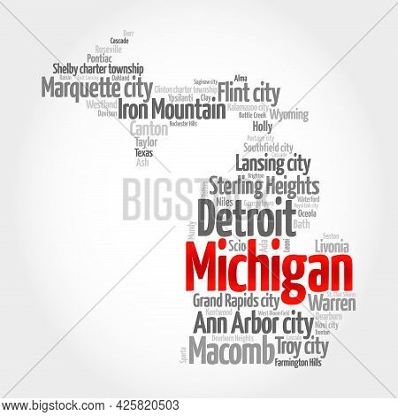 List Of Cities In Michigan Usa State, Map Silhouette Word Cloud, Map Concept Background