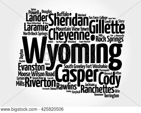 List Of Cities In Wyoming Usa State, Silhouette Map Word Cloud