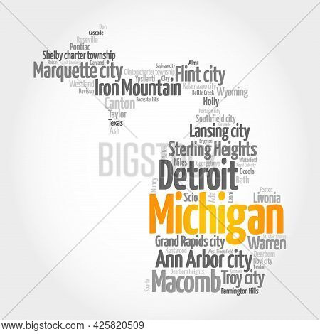 List Of Cities In Michigan Usa State, Map Silhouette Word Cloud, Map Concept Background