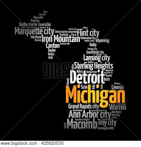 List Of Cities In Michigan Usa State, Map Silhouette Word Cloud, Map Concept Background