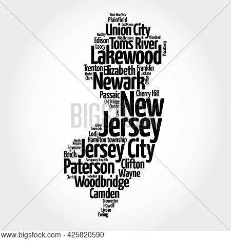 List Of Cities In New Jersey Usa State, Map Silhouette Word Cloud, Map Concept Background