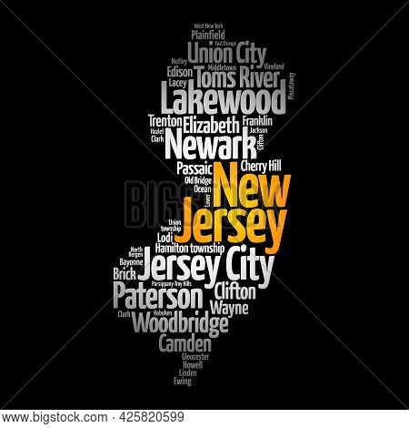 List Of Cities In New Jersey Usa State, Map Silhouette Word Cloud, Map Concept Background