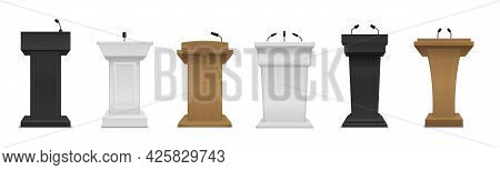Realistic Tribune. Different Color And Materials Podium With Microphones. Black White And Wooden Lec