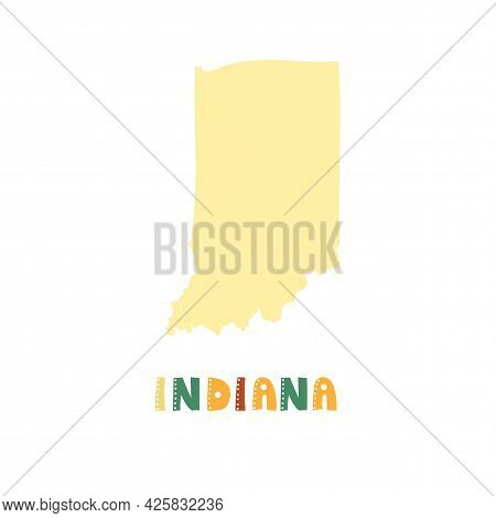Indiana Map Isolated. Usa Collection. Map Of Indiana - Yellow Silhouette. Doodling Style Lettering O