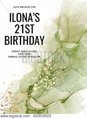 Green Watercolor Painted Light Sage Green Texture With White Gold Foil Glitter And Space For Text. D