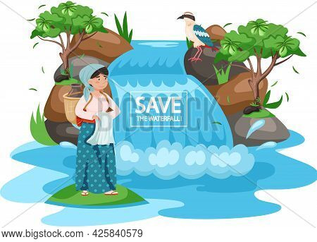 Ecological Concept, Save The Waterfall. Female Character Stands With Jug Near Mountain River. Woman 