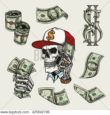 Money Vintage Colorful Concept With One Hundred Dollar Bills And Sign Skull In Baseball Cap Skeleton