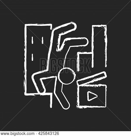 Parkour Videos Chalk White Icon On Dark Background. Shooting Footage For Action Motion Picture. Film