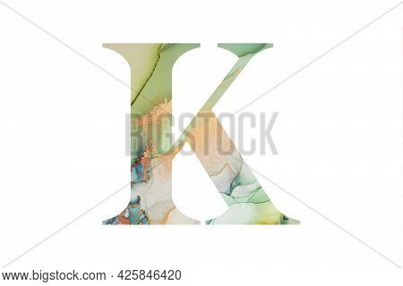 Initial Letter K With Abstract Hand-painted Alcohol Ink Texture. Isolated On White Background. Illus