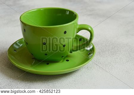 Eco Friendly Handmade Ceramic Tableware With Copy Space For Text And Design, Tea Pair, Green Cup And
