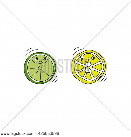 Citrus Fruit Cut In Half. Lemon And Lime With Smile On White Background. Cartoon Sketch. Doodle Styl