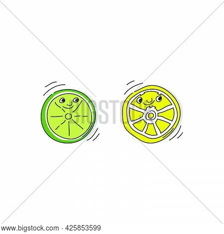 Citrus Fruit Cut In Half. Lemon And Lime With Smile On White Background. Cartoon Sketch. Doodle Styl