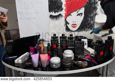 A Table With Keune Haircosmetics Product Line.