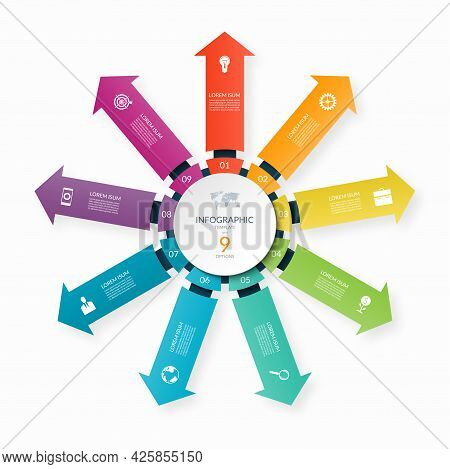 Modern Business Infographic Circle With 9 Arrows Pointing From The Center. 9-step Vector Template Fo