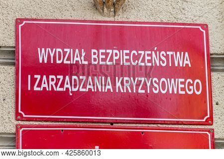 Gorzow Wielkopolski, Poland - June 1, 2021: Sign Department Of Safety And Crisis Management (polish: