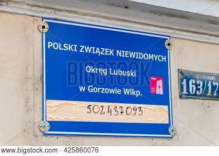 Gorzow Wielkopolski, Poland - June 1, 2021: Sign Polish Association Of The Blind (polish: Polski Zwi