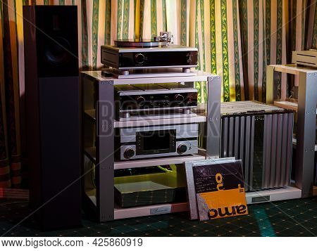 Moscow, Russia - May 23, 2021: Audio Systems
Burmester - Turntable, Floorstanding Speakers, Preamp, 