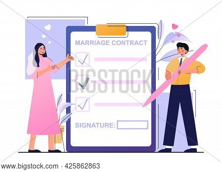 Young Bride And Groom Are Signing Marriage Contract Together. Happy Couple Getting Married And Signi
