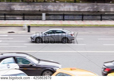 Moscow , Russia - April 2021: Hyundai Elantra Seventh Generation Cn7 At The City Road In Motion. Gra